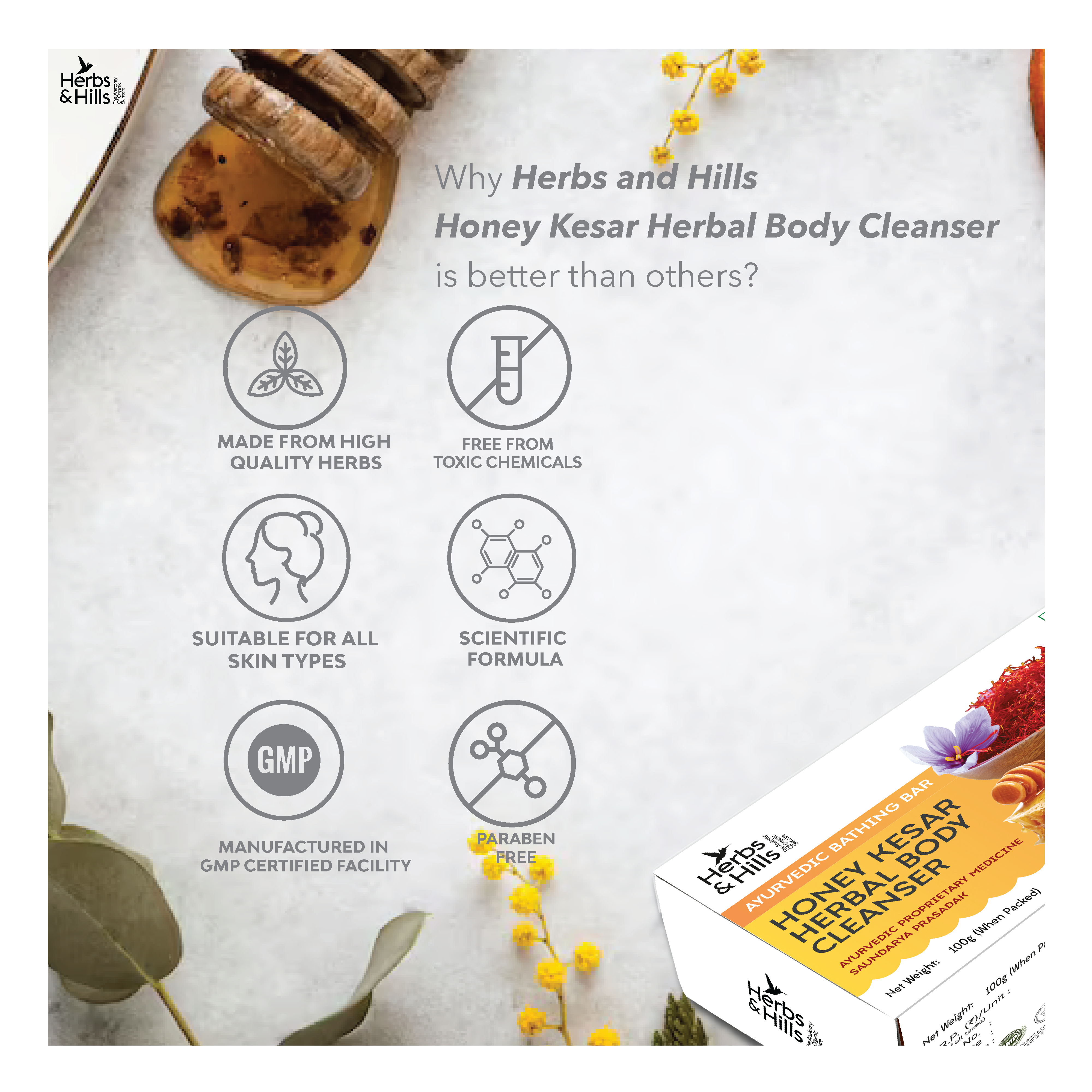 Honey Kesar Herbal Body Cleanser - Pack of 4 (Each 70 Rs. & 100 gm) - HERBS AND HILLS